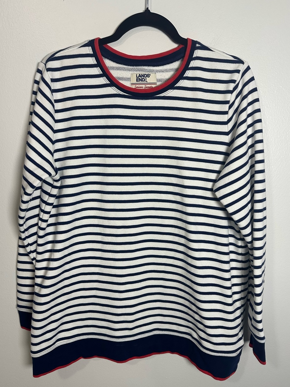 Lands' End Navy and White Striped Crewneck Sweater with Red Serious Sweats large